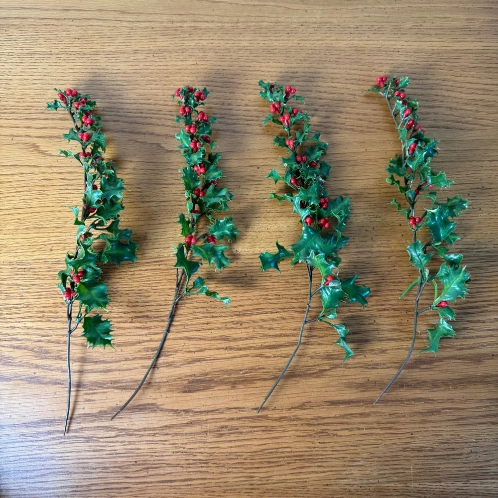 Set of 4 Artificial Holly Sprigs Red Berries Green‎ Leaves Christmas Decorations